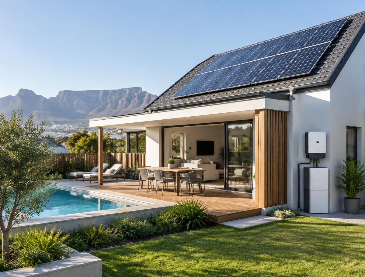 South African home with rooftop solar panels and battery storage
