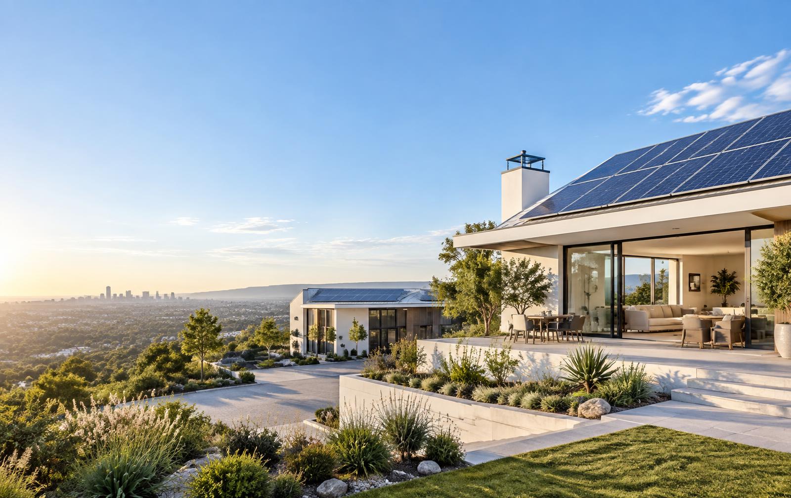Modern South African home with rooftop solar panels in morning light